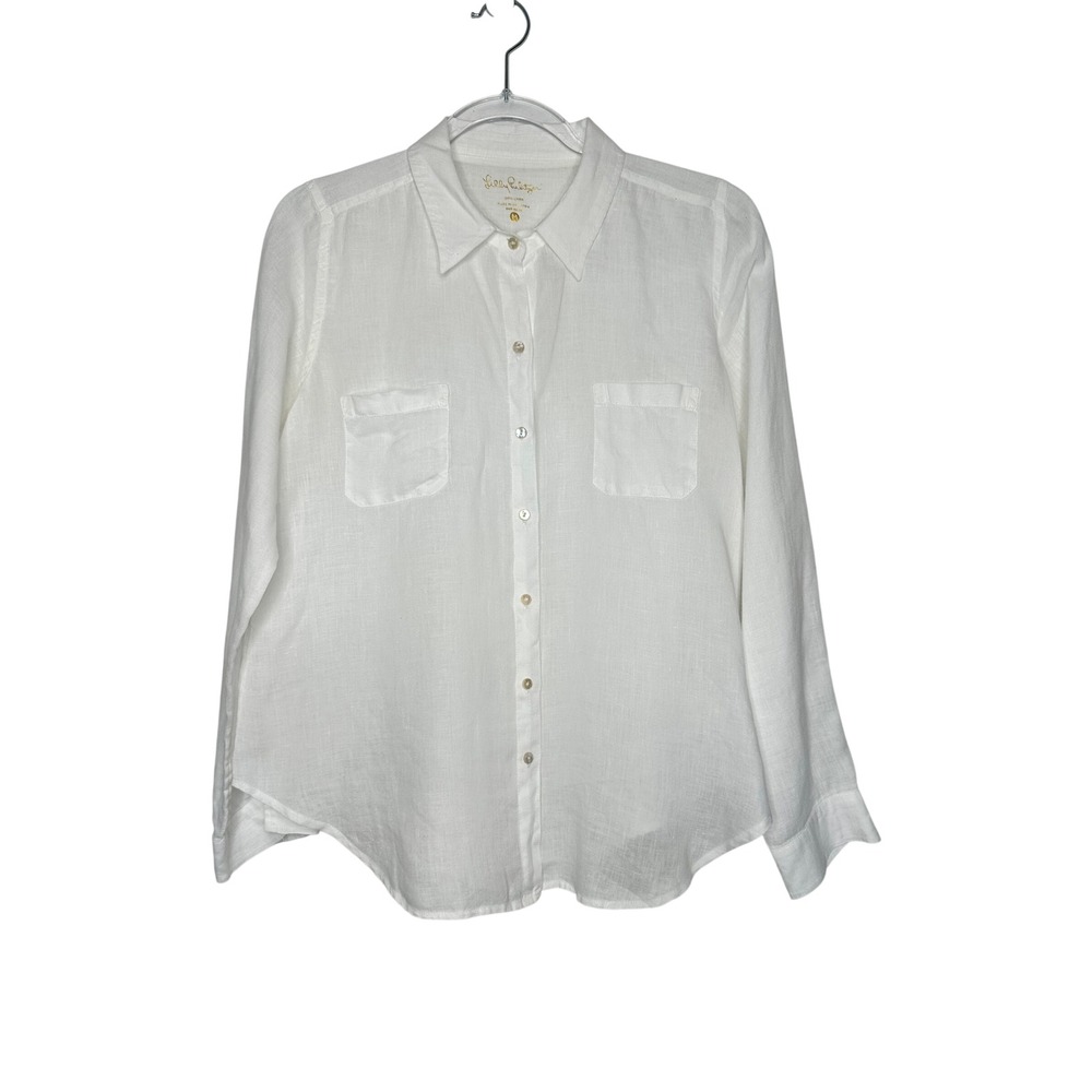 Lilly Pulitzer Button Down Shirt Size M White Sea View 100% Linen 26362
